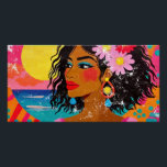 Tropical Goddess - Vibrant Pop Art Poster<br><div class="desc">A stunning pop art retro-inspired portrait featuring a woman with flowing dark hair adorned with tropical flowers. Adds a burst of color and positive energy. A scuffed paper effect completes the retro look.</div>