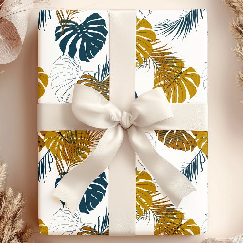 Tropical Gold And Navy Blue Palm Leaves Pattern Wrapping Paper