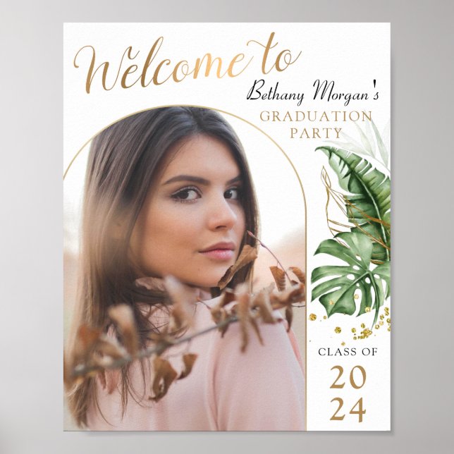 Tropical Gold Arch Photo Graduation Party Welcome Poster (Front)
