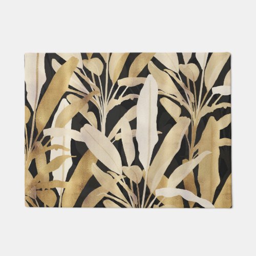 Tropical Gold Banana Leaves Black Pattern Doormat