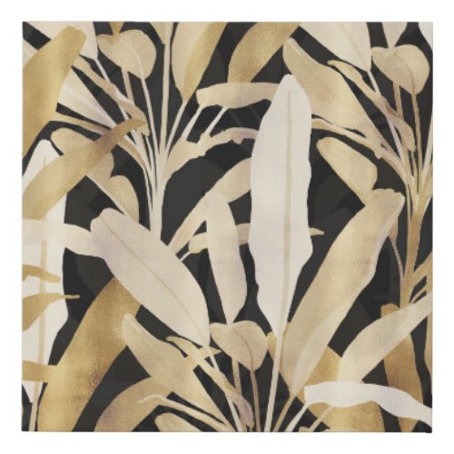 Tropical Gold Banana Leaves Black Pattern Faux Canvas Print