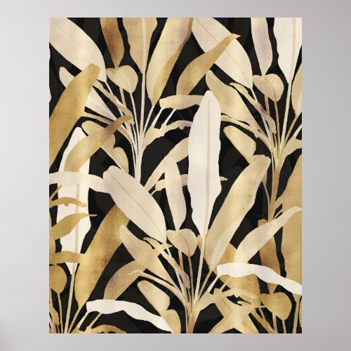 Tropical Gold Banana Leaves Black Pattern Poster