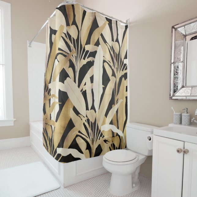 Tropical Gold Banana Leaves Black Pattern Shower Curtain (In Situ)