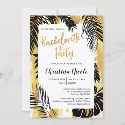 Tropical Gold Black Bachelorette Party Details Invitation