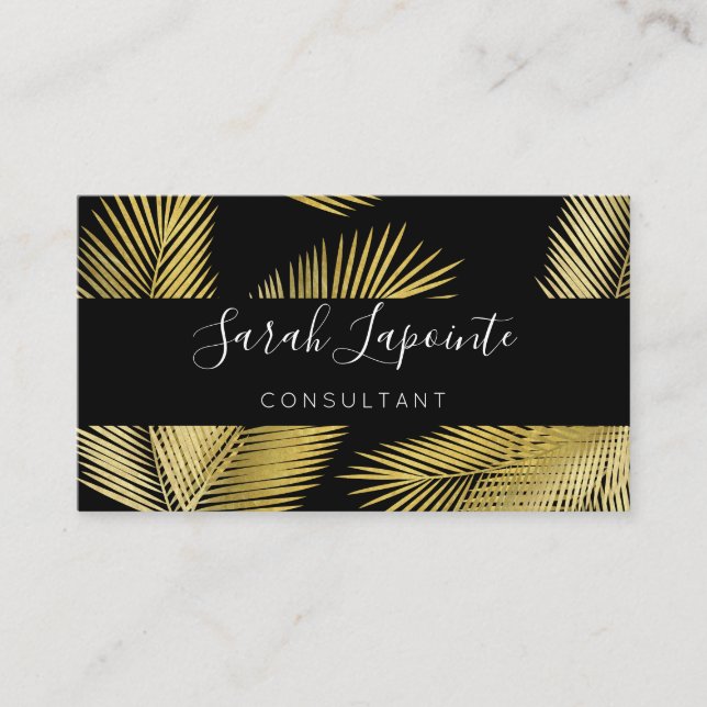Tropical Gold & Black Palm Leaves Elegant Design 2 Business Card (Front)
