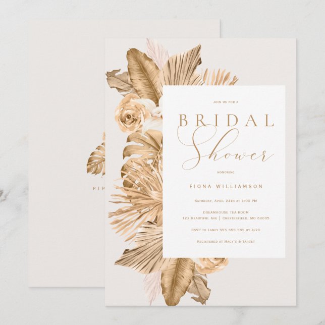Tropical Gold Dried Pampas Bridal Shower Invitation (Front/Back)