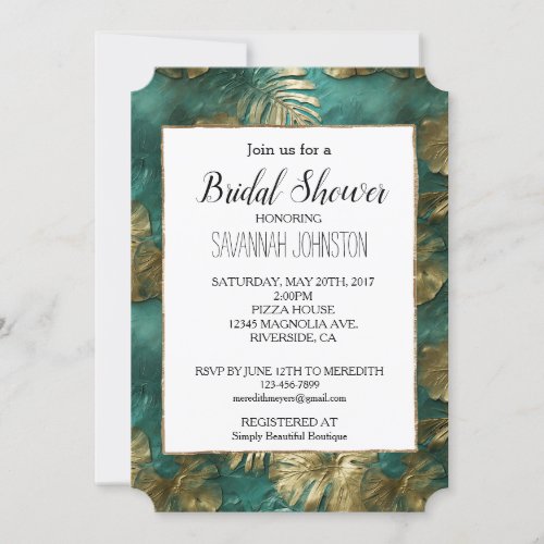 Tropical Gold Emerald Green Leaves Invitation