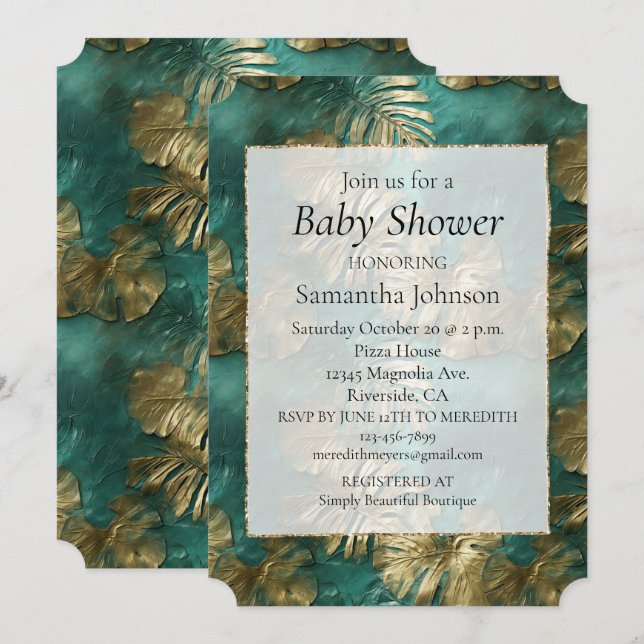 Tropical Gold Emerald Green Leaves Invitation (Front/Back)