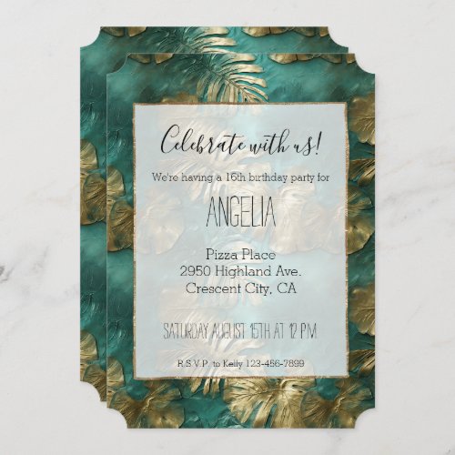 Tropical Gold Emerald Green Leaves Invitation