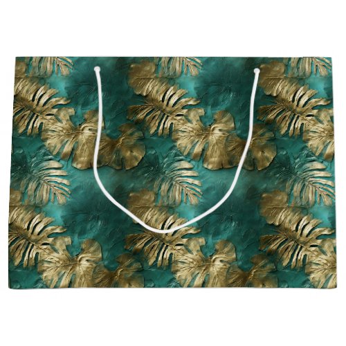 Tropical Gold Emerald Green Leaves Large Gift Bag