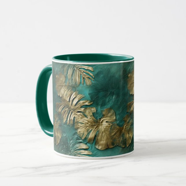 Tropical Gold Emerald Green Leaves Mug (Front Left)