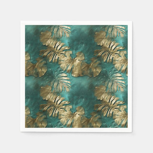 Tropical Gold Emerald Green Leaves Napkins (Front)