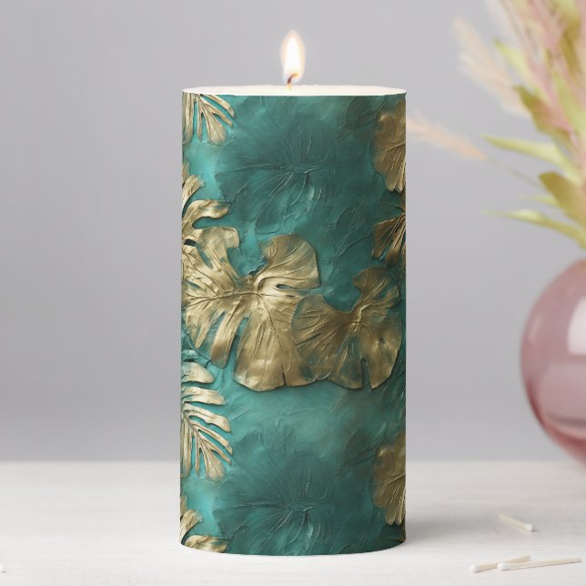 Tropical Gold Emerald Green Leaves Pillar Candle (In Situ)