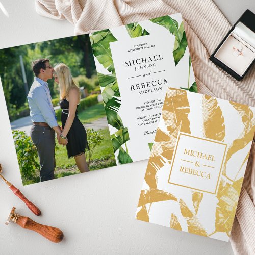Tropical Gold Foil Banana Leaves Wedding Invite