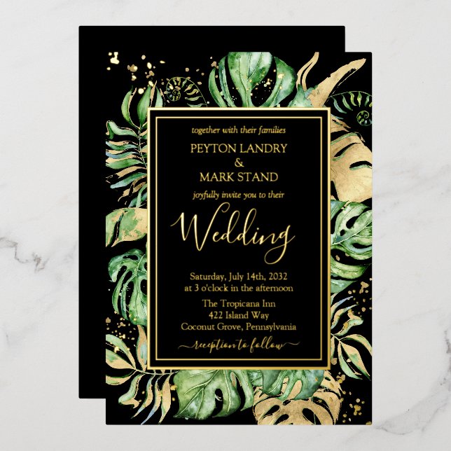 Tropical Gold Foil & Black Elegant Foliage Wedding Foil Invitation (Front/Back)