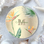 Tropical Gold Foil Floral Foliage Monogram Script  Coaster<br><div class="desc">Bring a bit of elegant tropical hospitality into your home whenever you relax with your favorite beverage with this chic, modern custom monogram sandstone coaster. Stunning, sophisticated, colorful, tropical watercolor birds of paradise flowers, faux gold glitter, and personalized calligraphy script with a bold monogram initial, overlay a stylish, glam brushed...</div>