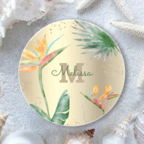 Tropical Gold Foil Floral Foliage Monogram Script  Coaster