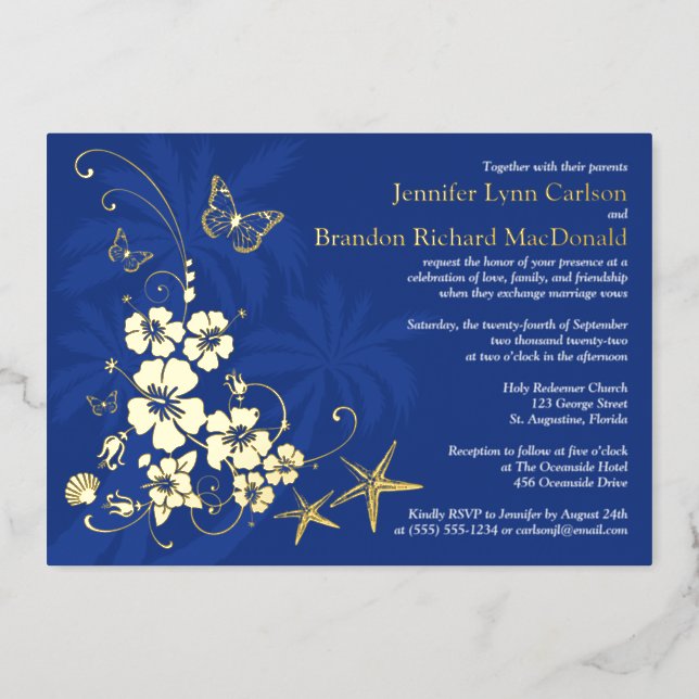 Tropical Gold Foil Flowers, Butterflies Wedding Foil Invitation (Front)