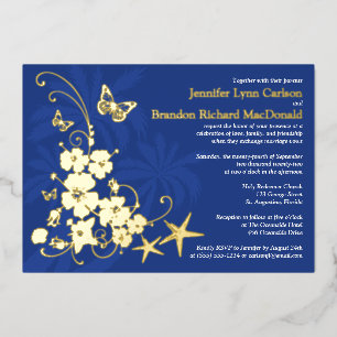 Tropical Gold Foil Flowers, Butterflies Wedding Invitation