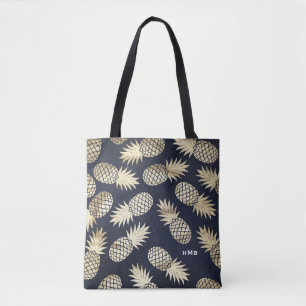 Tropical Gold Foil Pineapple Pattern Blue Monogram Tote Bag