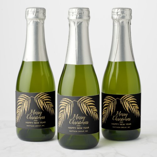 Tropical Gold Glitter Palm Christmas Holiday Mini Sparkling Wine Label