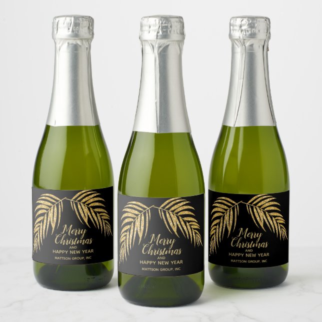 Tropical Gold Glitter Palm Christmas Holiday Mini Sparkling Wine Label (Bottles)