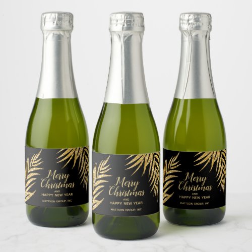 Tropical Gold Glitter Palm Christmas Holiday Mini Sparkling Wine Label