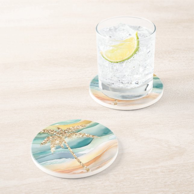 Tropical Gold Glitter Palm Tree Beach Coaster (Side)