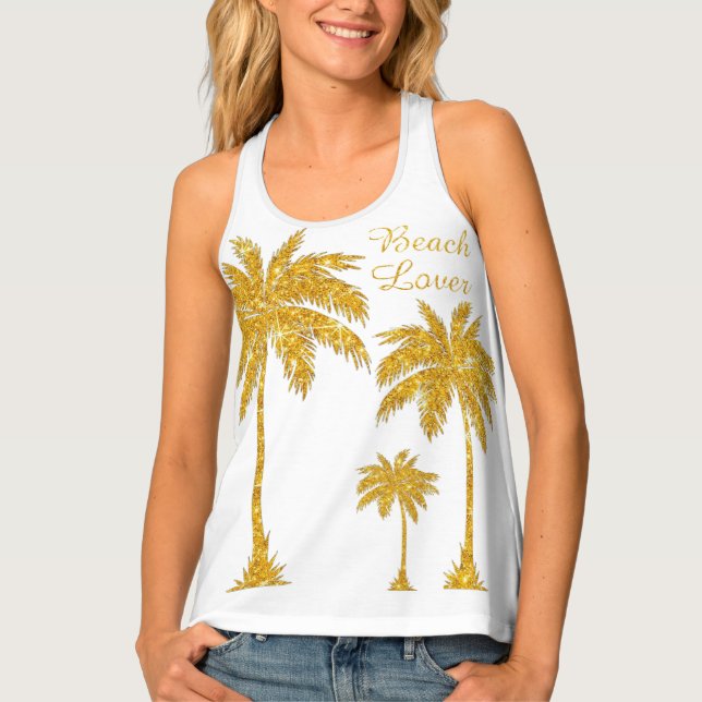 Tropical Gold Glitter Palm Tree Beach Lover  Tank Top (Front)