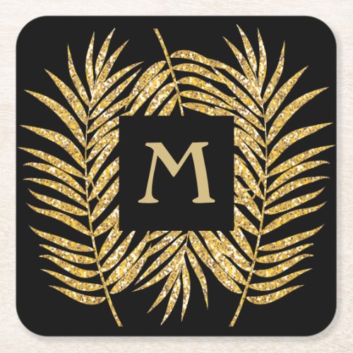 Tropical Gold Glitter Palm Tree Fronds Home Decor Square Paper Coaster