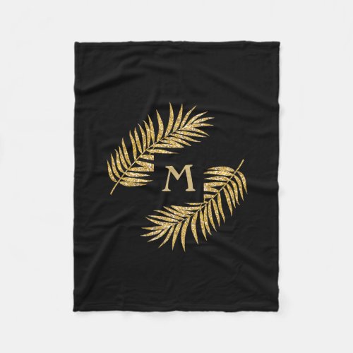 Tropical Gold Glitter Palm Tree Fronds on Black Fleece Blanket