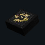 Tropical Gold Glitter Palm Tree Fronds on Black Gift Box<br><div class="desc">Felt lined ebony black lacquered wood jewelry box features a stylish, elegant faux gold glitter tropical palm tree fronds on a black background with a gold monogram initial printed on ceramic tile on the lid. Adds a beautiful touch to your home decor or give as a gift. COORDINATING items in...</div>