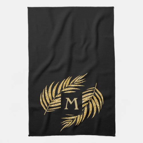 Tropical Gold Glitter Palm Tree Fronds on Black Kitchen Towel