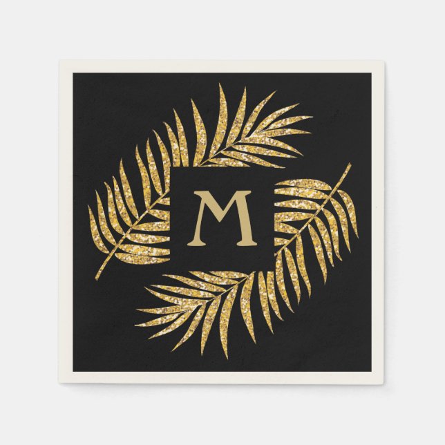 Tropical Gold Glitter Palm Tree Fronds on Black Napkins (Front)