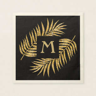 Tropical Gold Glitter Palm Tree Fronds on Black Napkins