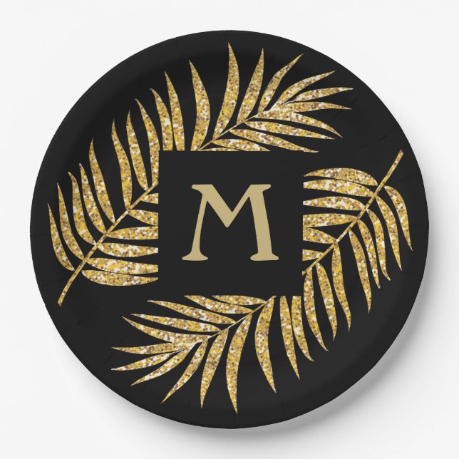Tropical Gold Glitter Palm Tree Fronds on Black Paper Plates (Front)