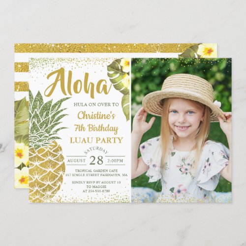 Tropical Gold Glitter Pineapple Birthday Photo Invitation
