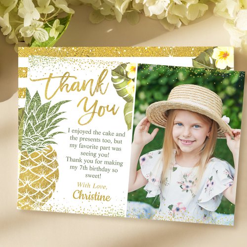 Tropical Gold Glitter Pineapple Birthday Photo Thank You Card