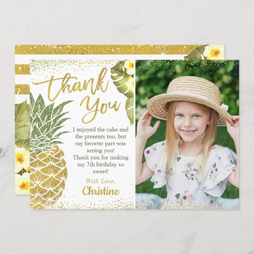 Tropical Gold Glitter Pineapple Birthday Photo Thank You Card