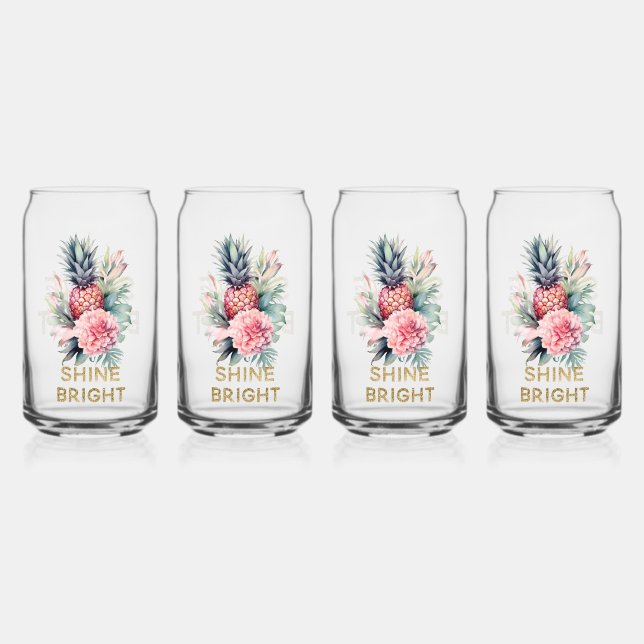 Tropical Gold Glitter Shine Pineapple Can Glass (Front)