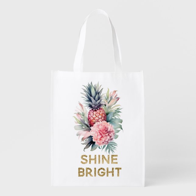 Tropical Gold Glitter Shine Pineapple Grocery Bag (Front)