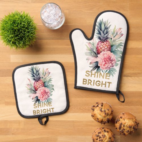 Tropical Gold Glitter Shine Pineapple Oven Mitt  Pot Holder Set