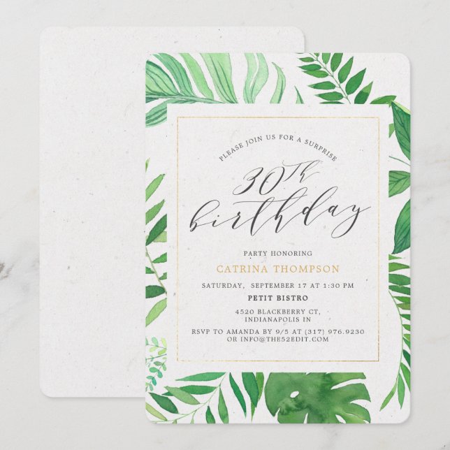 Tropical Gold Green 30th Surprise Birthday Party Invitation (Front/Back)