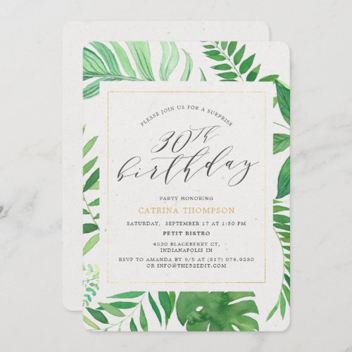 Tropical Gold Green 30th Surprise Birthday Party Invitation