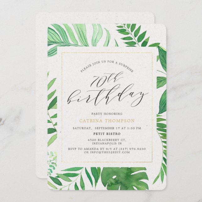 Tropical Gold Green 70th Surprise Birthday Party Invitation (Front/Back)