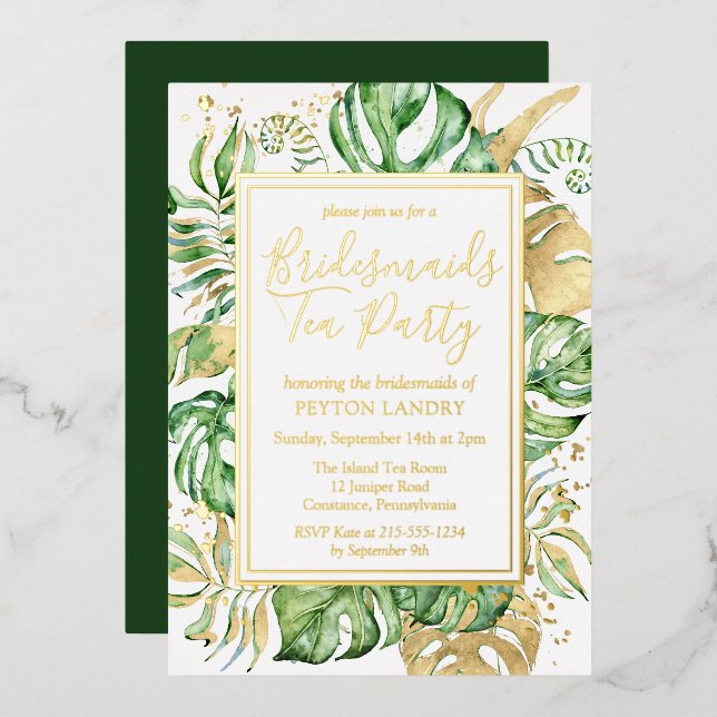 Tropical Gold & Green Bridesmaids Tea Party Foil Invitation (Front/Back)