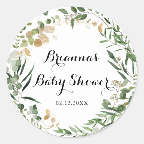 Tropical Gold Green Foliage Baby Shower Favor  Classic Round Sticker