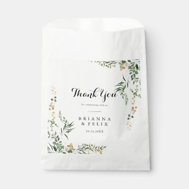 Tropical Gold Green Foliage Thank You Wedding  Favor Bag (Front)