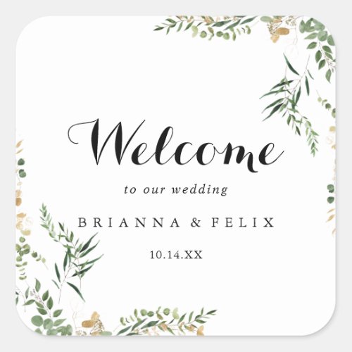 Tropical Gold Green Foliage Wedding Welcome  Square Sticker