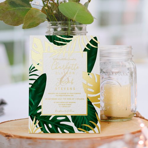 Tropical gold green leaf watercolor script wedding foil invitation